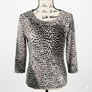 Rafaella Black and White Animal Print Jewel-Neck 3/4 Sleeve Top MP